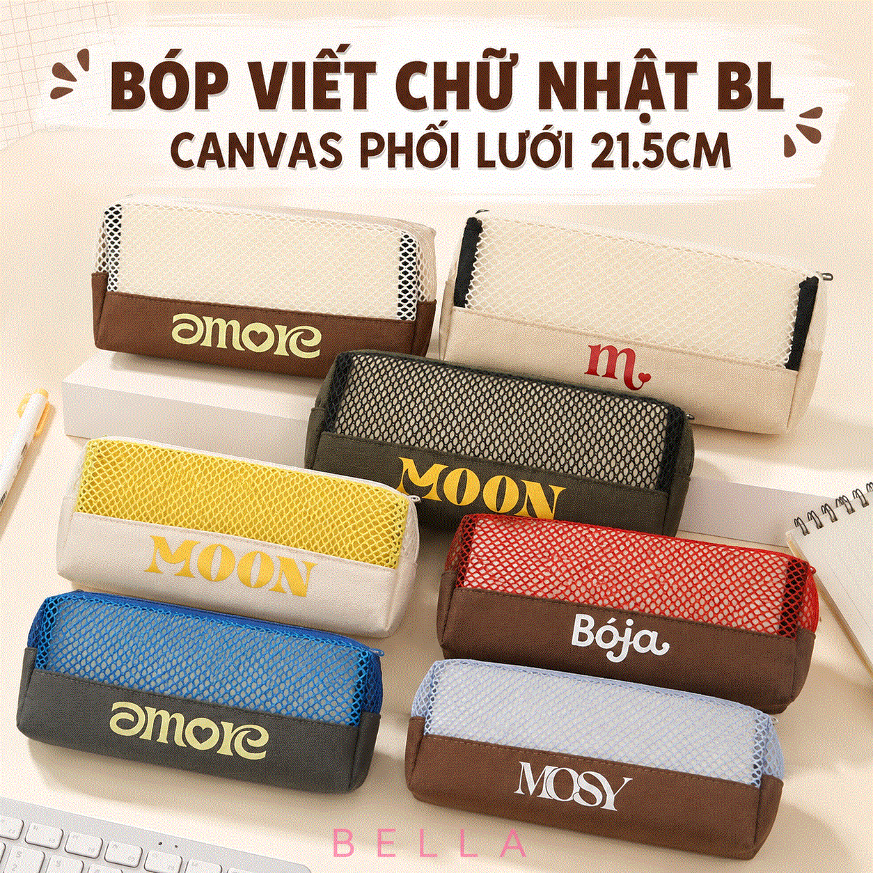 Bóp Viết Chữ Nhật BL Canvas Phối Lưới 21.5cm 2025