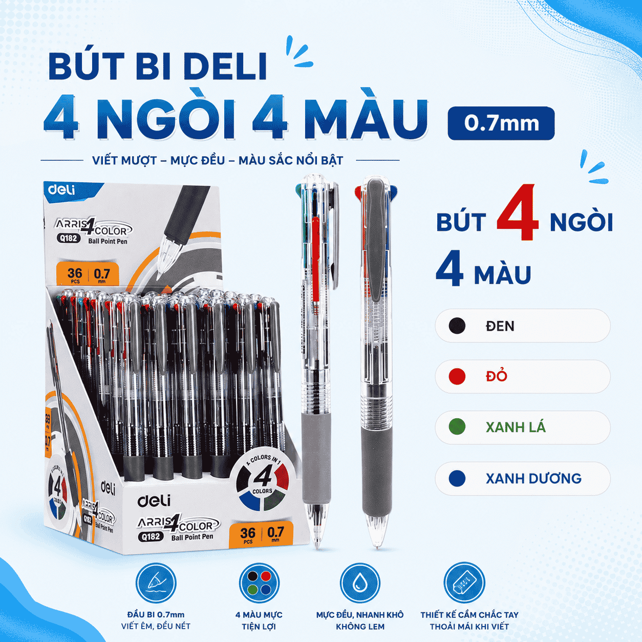 Bút Bi Deli 4 Ngòi 4 Màu Q182 0.7mm