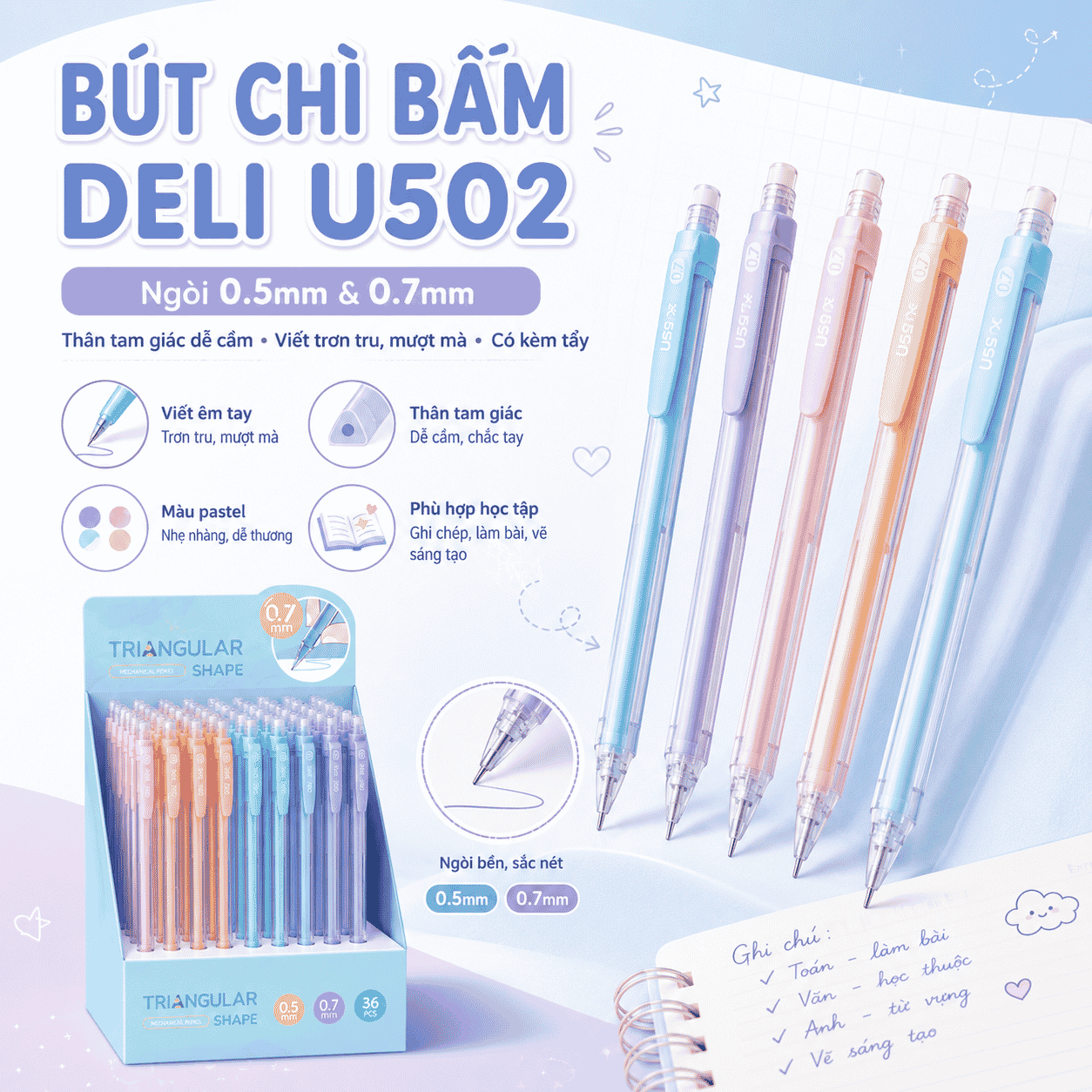 Bút Chì Bấm Deli U502 0.5mm Và 0.7mm Màu Pastel (Giao màu ngẫu nhiên)