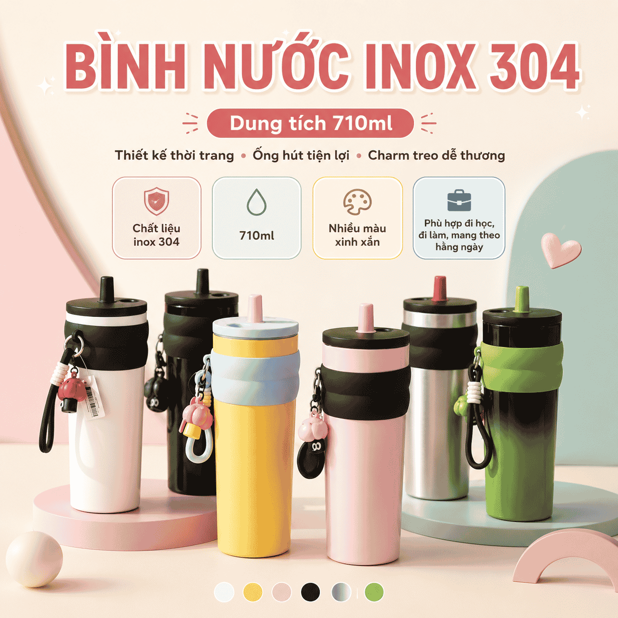 Bình Nước Inox 304 710ml Có Ống Hút