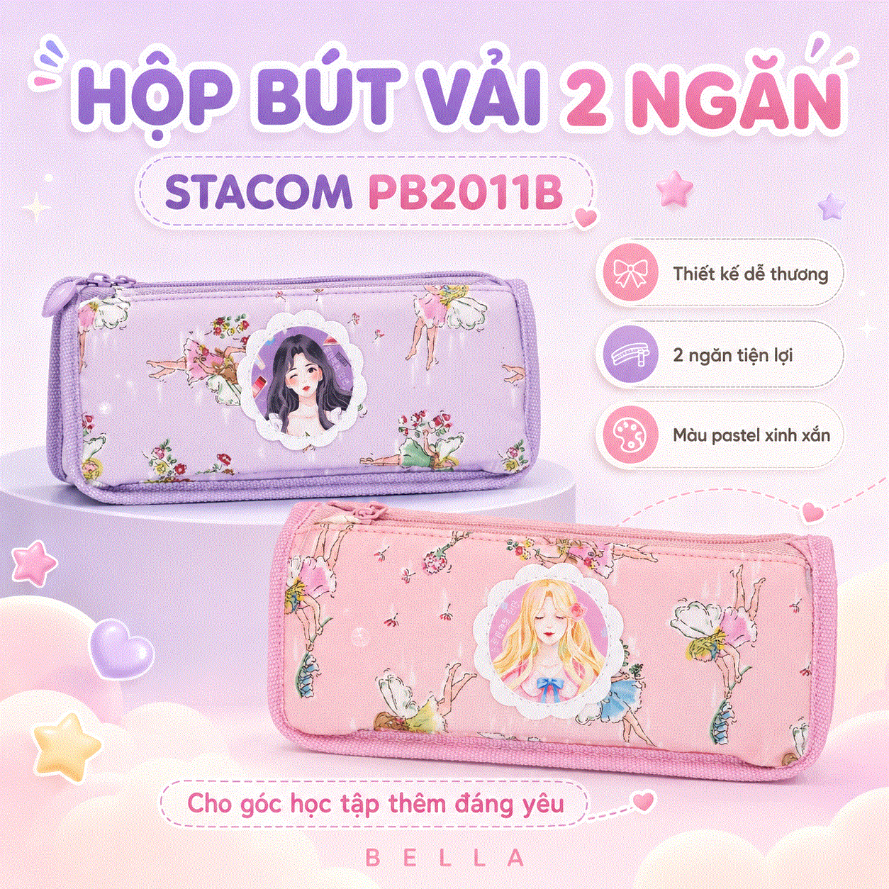 Hộp Bút Vải 2 Ngăn STACOM PB2011B Xinh Xắn 2025